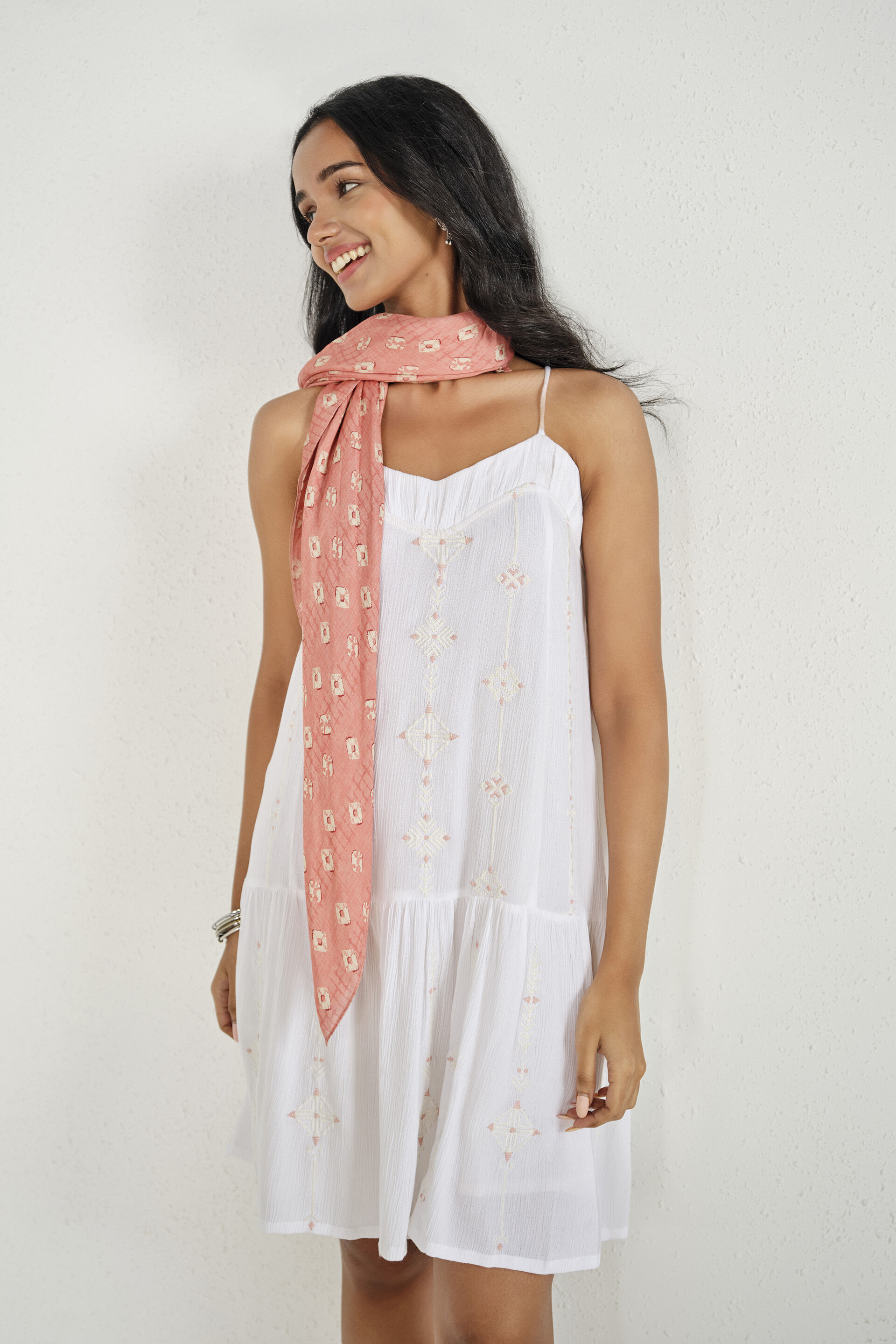 White Embroidered Short Swing Dress, White, image 3